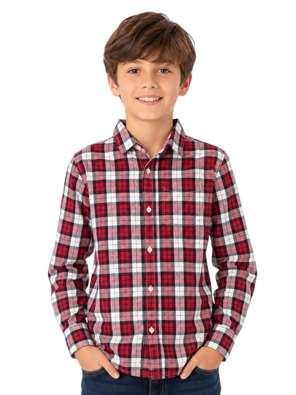The Children’s Place Boys Plaid Button Front Shirt Red White Blue Size Large
